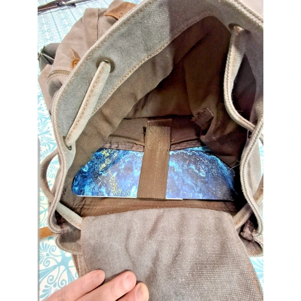 Canvas Leather Backpack Gray Brown Laptop Rucksack Fits 17” laptop